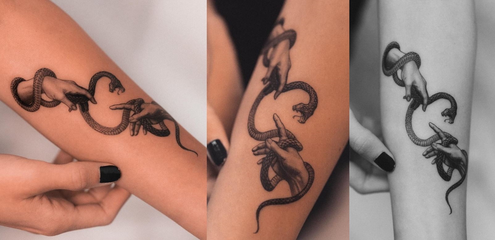 A tattoo of a snake and two hands 