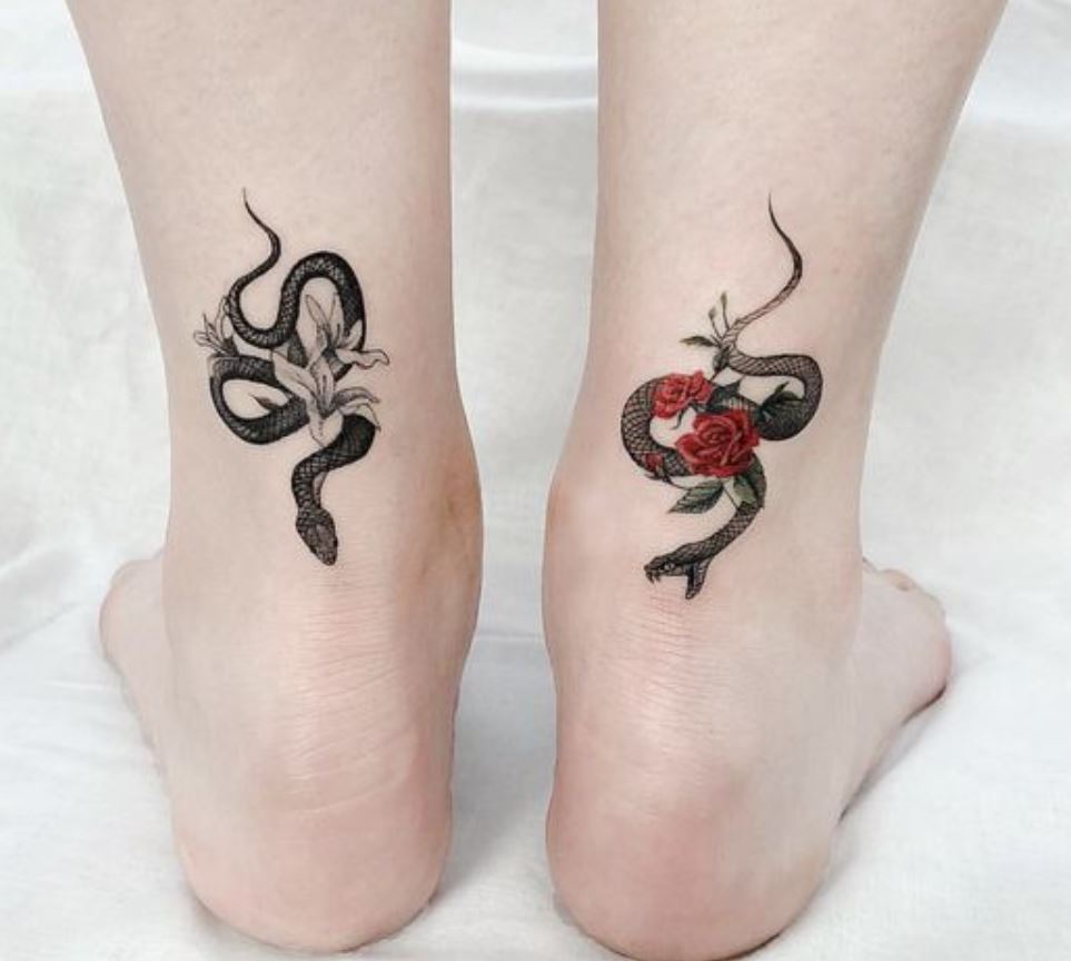 Snake, lily and rose duo tattoo 