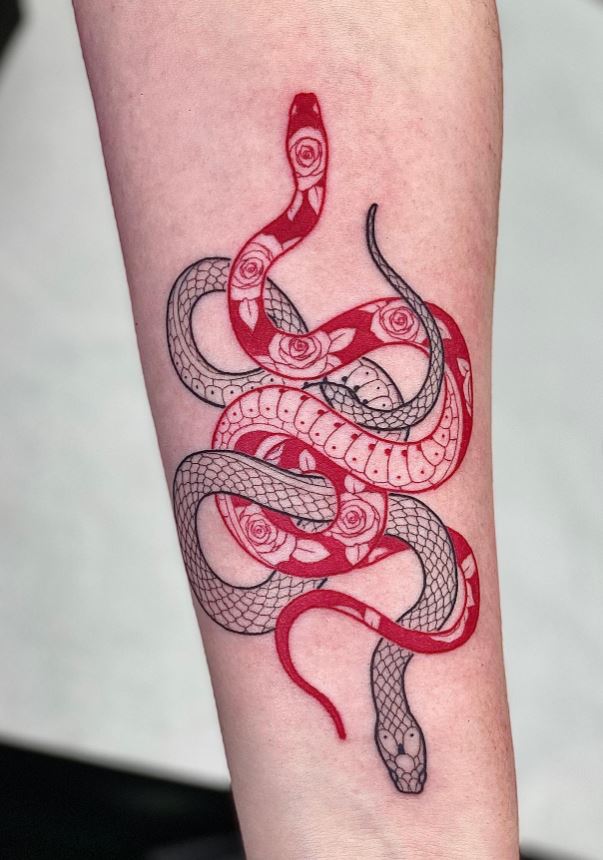 Tattoo duo of a tricolor snake 