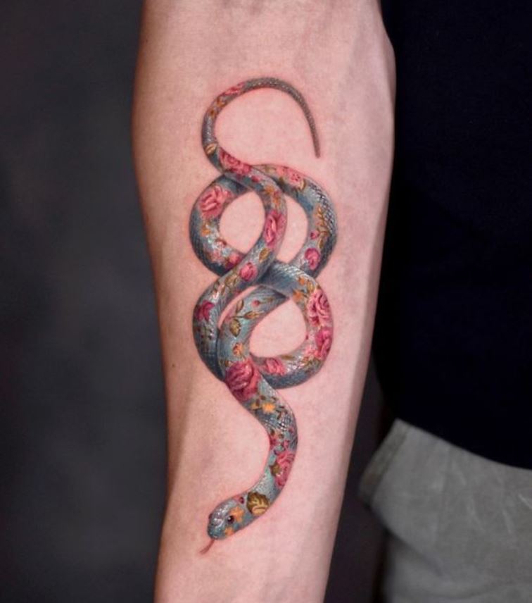 Gray snake and rose tattoo 