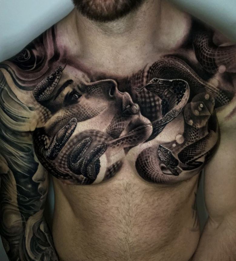 Snake, cobra and woman tattoo on chest 
